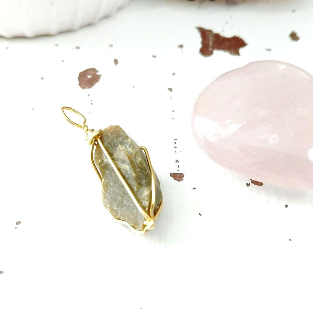 2/$10 Gold wire wrapped green opal gemstone pendant 1.5"